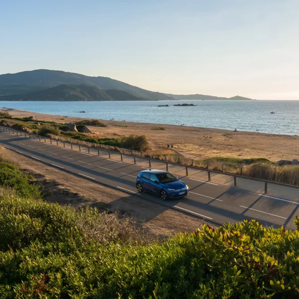 Volkswagen ID. Polo Bleu Céleste sur une route de Corse